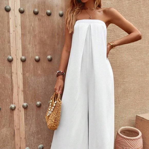White Boho Womens Solid Tie Back Tube Wide Leg Jumpsuit - Picture 5 of 5